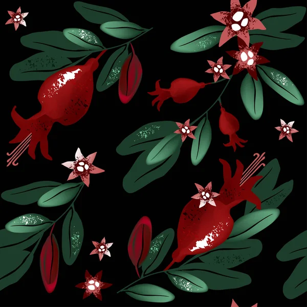 Rosehip Fruit Pattern Leaves Pink Flowers Black Background Can Used — Stock Photo, Image