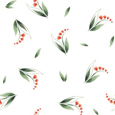 Sulu boya ile çizilmiş yabani çiçeklerin, böğürtlenlerin ve otların kusursuz bir deseni. Kumaş, kağıt, illüstrasyon ve tasarımınız üzerine baskı yapmak için kullanılabilir.