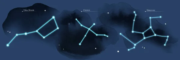 Ilustracja Gwiaździstego Nieba Widokiem Gwiazdozbiory Cygnus Ursa Major Herkules Może — Zdjęcie stockowe