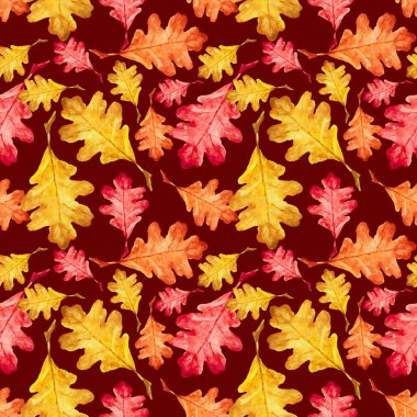 Koyu kırmızı arka planda parlak sonbahar yapraklarının modern, pürüzsüz deseni. Meşe yaprakları. Sonbahar teması. Cadılar Bayramı. Kendi tasarımın için kullanabilirsin..