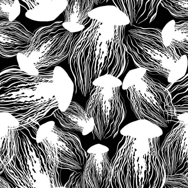 Patrón Sin Costuras Imágenes Blanco Negro Medusas Mar Imagen Monocromática — Foto de Stock