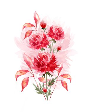 Kırmızı renklerde yapılmış bir sonbahar buketinin el yapımı suluboya çizimi. Beyaz arka planda stok çizimi. Kendi tasarımın için kullanabilirsin.. 