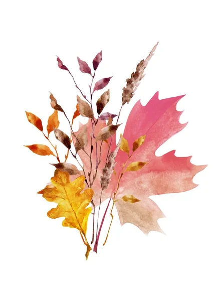 Watercolor autumn bouquet of bright leaves and dry grass. Autumn holiday, leaf fall. Watercolors leave floral arrangements. Botanical illustration. Autumn leaf fall.