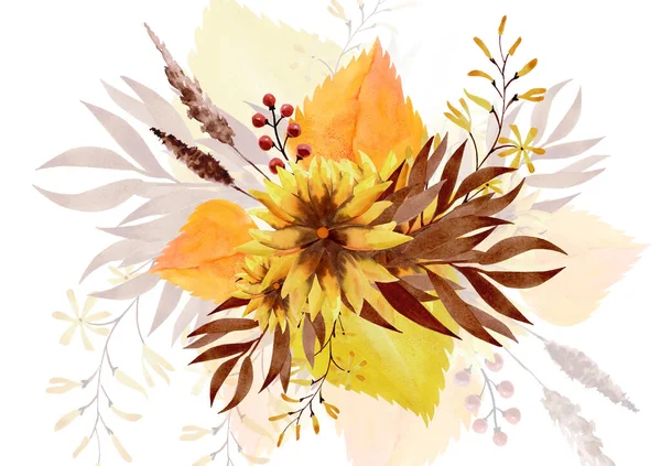 Acuarela Ramo Otoño Hojas Color Amarillo Brillante Bayas Flores Hierba — Foto de Stock
