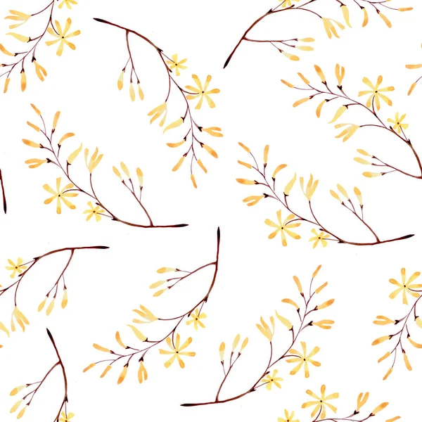 Akvarell Sömlös Mönster Grenar Med Små Gula Blommor Lugn Pastell — Stockfoto