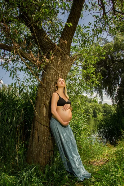Беременная девушка позирует — стоковое фото