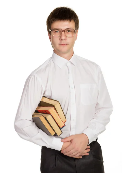 Nerd mit Brille und Buch in der Hand — Stockfoto