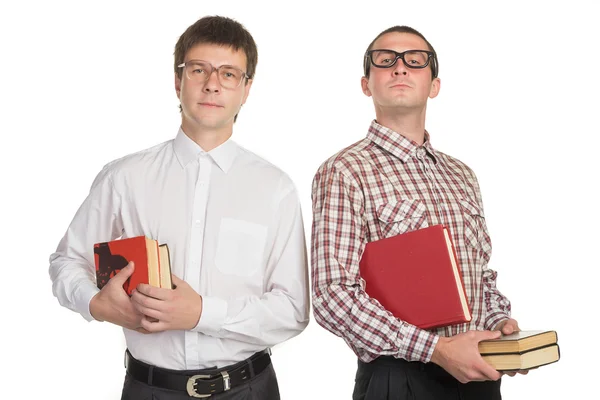 Two botany in glasses with books in hand — Stock Photo, Image