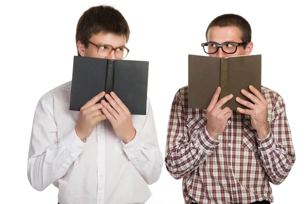 Two botany in glasses with books in hand — Stock Photo, Image