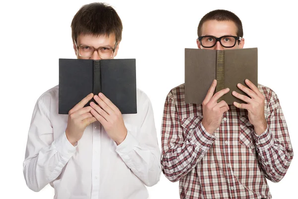 Two botany in glasses with books in hand — Stock Photo, Image