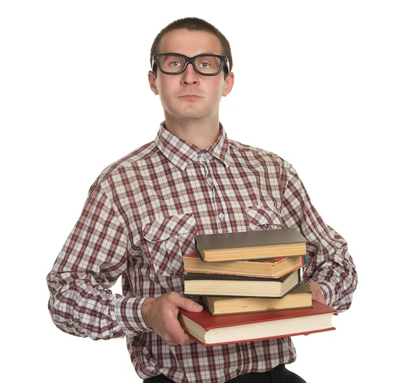 Nerd met bril en een boek in de hand — Stockfoto