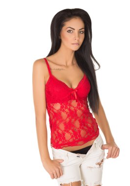 güzel seksi kız kot pantolon ve T-shirt kırmızı 