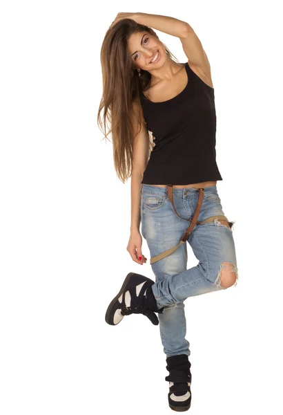 Bella donna dai capelli castani in camicia e jeans — Foto Stock