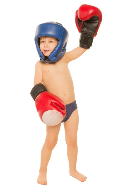 Menino em luvas de boxe e capacete — Fotografia de Stock