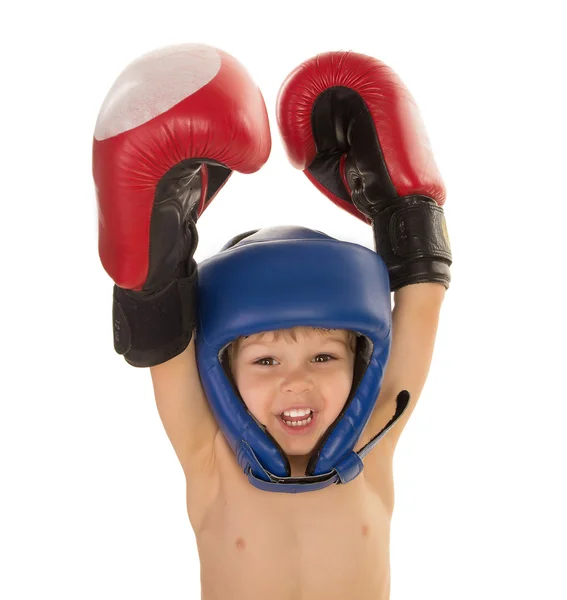 Niño en guantes de boxeo y casco — Foto de Stock