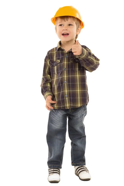 Malý chlapec v košili a přilbu ukazuje, že "všechno je v pořádku" Stock Snímky