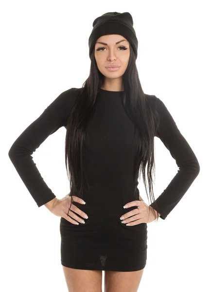 Красивая сексуальная девушка в черном платье и шляпе — стоковое фото