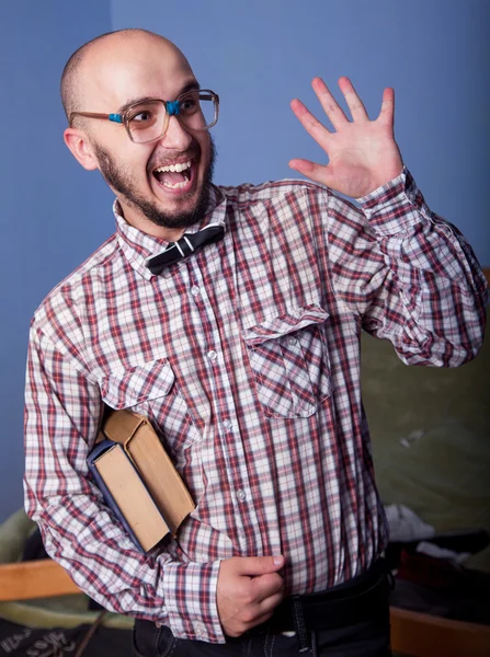 Funny nerd with books — Stock Photo, Image