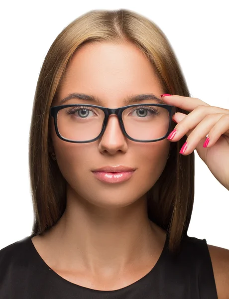 Porträtt av en vacker flicka med glasögon Stockbild