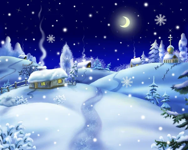 Winter Night in a Village — Stock Photo, Image