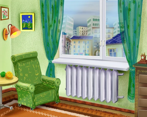 卡通室内的一扇窗户旁的椅子上 — 图库照片