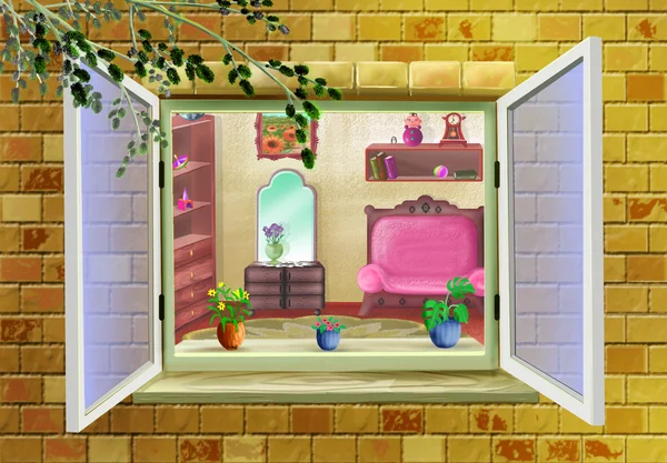 Kreskówka małe okno w starym domu — Zdjęcie stockowe