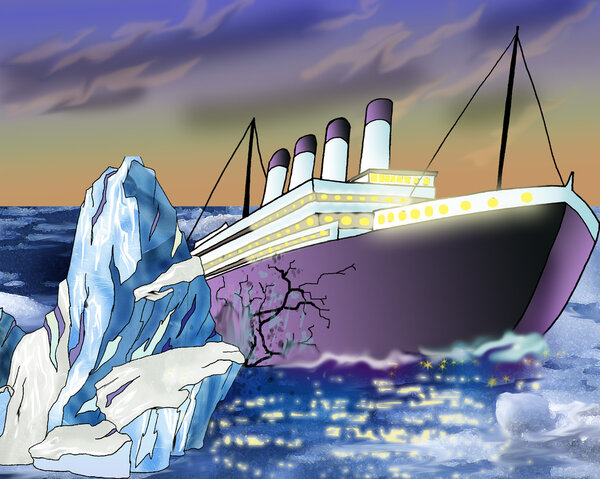 Sinking Ship and Iceberg in Atlantic Ocean