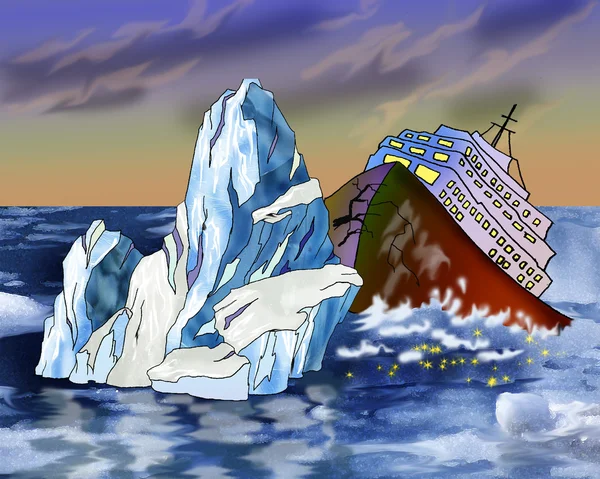 正在下沉的船与冰山 — 图库照片