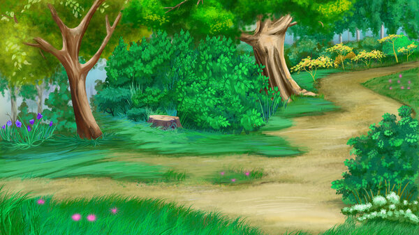 Trees, Flowers and Old Stump Near a Footpath in a Green Summer Forest. Digital Painting Background, Illustration in cartoon style character.