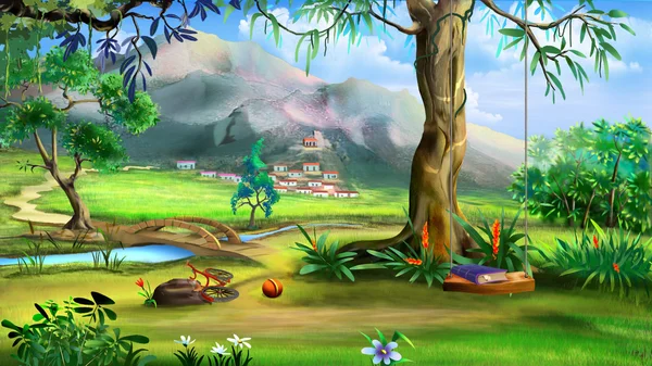 Fairy Tale Background with Swings and Small Bridge Over the Rive