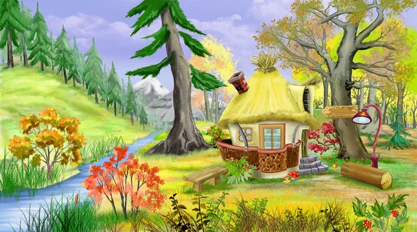 Küçük peri masalı House sonbahar ormandaki Nehri yakınında