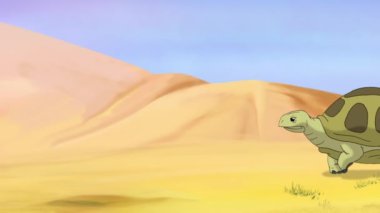 Kahverengi kaplumbağa kumlu çölde yürüyor. El yapımı 2B canlandırma.