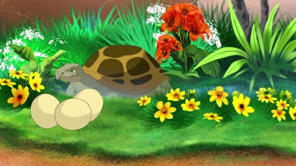 夏天阳光明媚的一天 小海龟在池塘边的蛋中孵化 手工制作的2D动画 — 图库视频影像