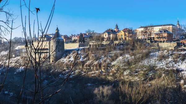 Kamianets-Podilskyi, Ukraine 01.07.2020. Potter tower of the Kamianets-Podilskyi fortress in the early winter morning