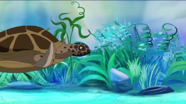 Güneşli bir günde büyük kahverengi kaplumbağa su altında yüzer. El yapımı 2B canlandırma.