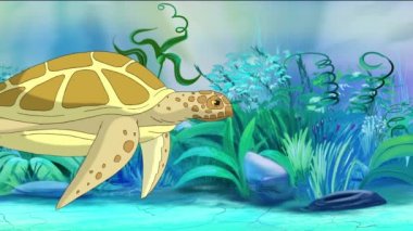 Büyük sarı kaplumbağa güneşli bir günde su altında yüzer. El yapımı 2B canlandırma.