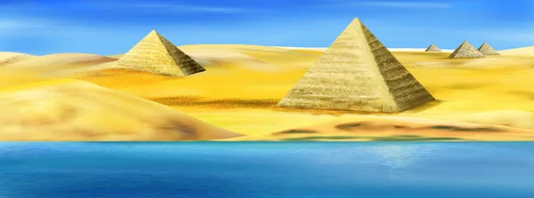 Forntida Pyramider Stranden Nilfloden Egypten Solig Sommardag Digital Målning Illustration — Stockfoto