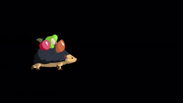 Hedgehog Walks Carries Apples Mushrooms Handmade Animated Looped Footage Isolated — Stock Video