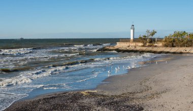 Ukrayna 'nın Odessa bölgesindeki Morskoe tatil köyünün Karadeniz kıyısında güneşli bir bahar günü