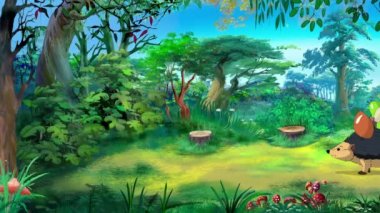 Kirpi güneşli bir yaz gününde ormanda mantar ve elma almaya gider. El yapımı 4K canlandırması