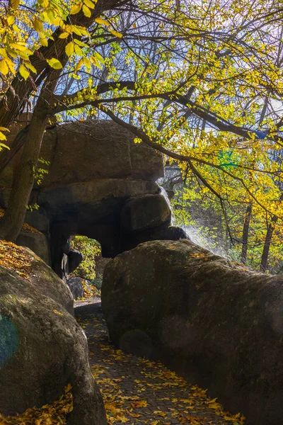 Valley of the Giants and waterfall in the Sofievsky arboretum or Sofiyivsky Park in Uman, Ukraine, on a sunny autumn day