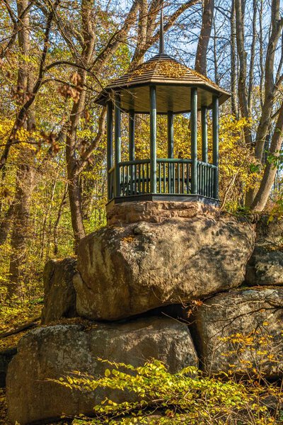 Alcove in the Sofievsky arboretum or Sofiyivsky Park in Uman, Ukraine, on a sunny autumn day