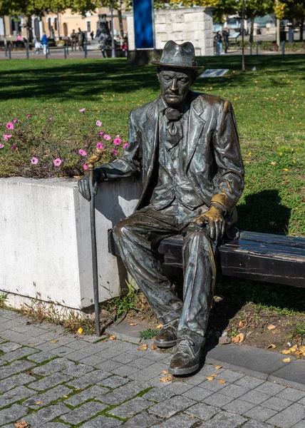 Romanya 'nın Alba Iulia kentinde Ekim 19.2025' te baston ve fötr şapkalı yaşlı bir adamın bronz heykeli Romanya 'nın Alba Iulia kentinin Kalesi' ndeki ahşap bir bankta oturuyor.