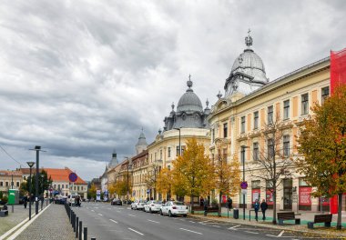 Cluj-Napoca, Romanya - Ekim 18.2025. Cluj-Napoca 'daki Eroilor Bulvarı' nda kemerli camları ve bayrakları olan tarihi eski belediye binasının geniş bir manzarası var.