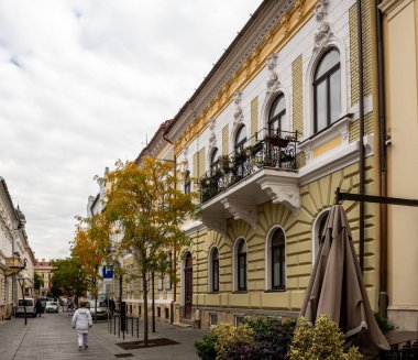 Cluj-Napoca, Romanya - Ekim 18.2025. Cluj-Napoca 'daki zarif sarı tarihi bina cephesinde kemerli pencereler, dekoratif süsler ve işlenmiş demir bir balkon yer alıyor.