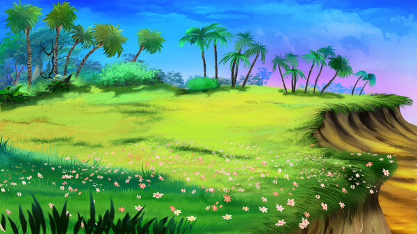 Digital painting of the tropical glade with palms, grass, flowers and precipice.