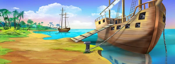 Navio pirata na costa da Ilha dos Piratas. Panorama vista . — Fotografia de Stock
