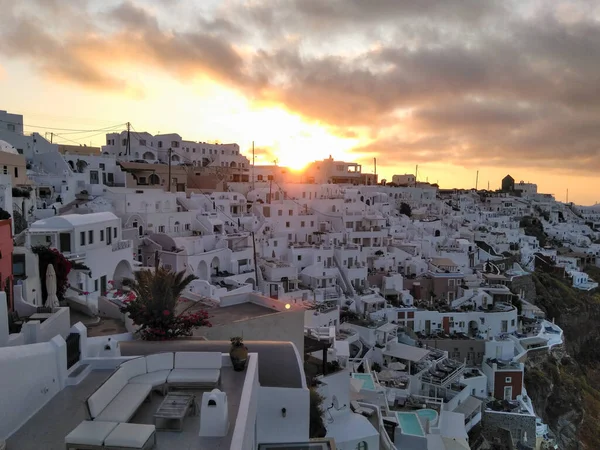 Santorini Grecia Panorama Atardecer Por Noche — Foto de Stock