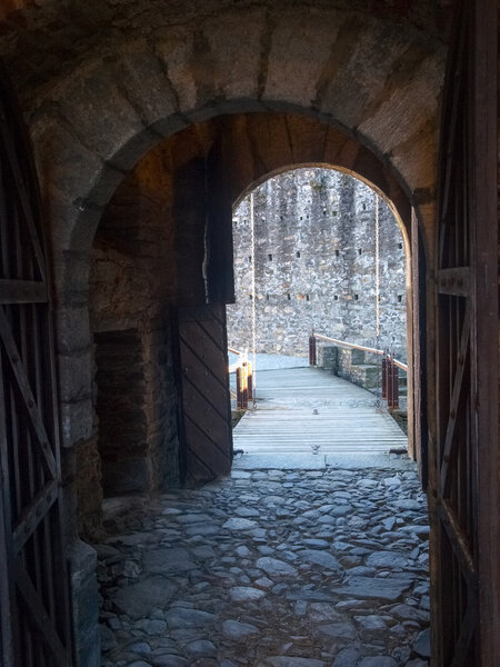 Bellinzona, Switzerland - december 20, 2014: along the pedestrian path of the castles of Castelgrande, Montebello, Sasso Corbaro