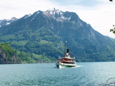 Ruetli, Switzerland - April 28, 2018: passenger boat for navigation and docking.